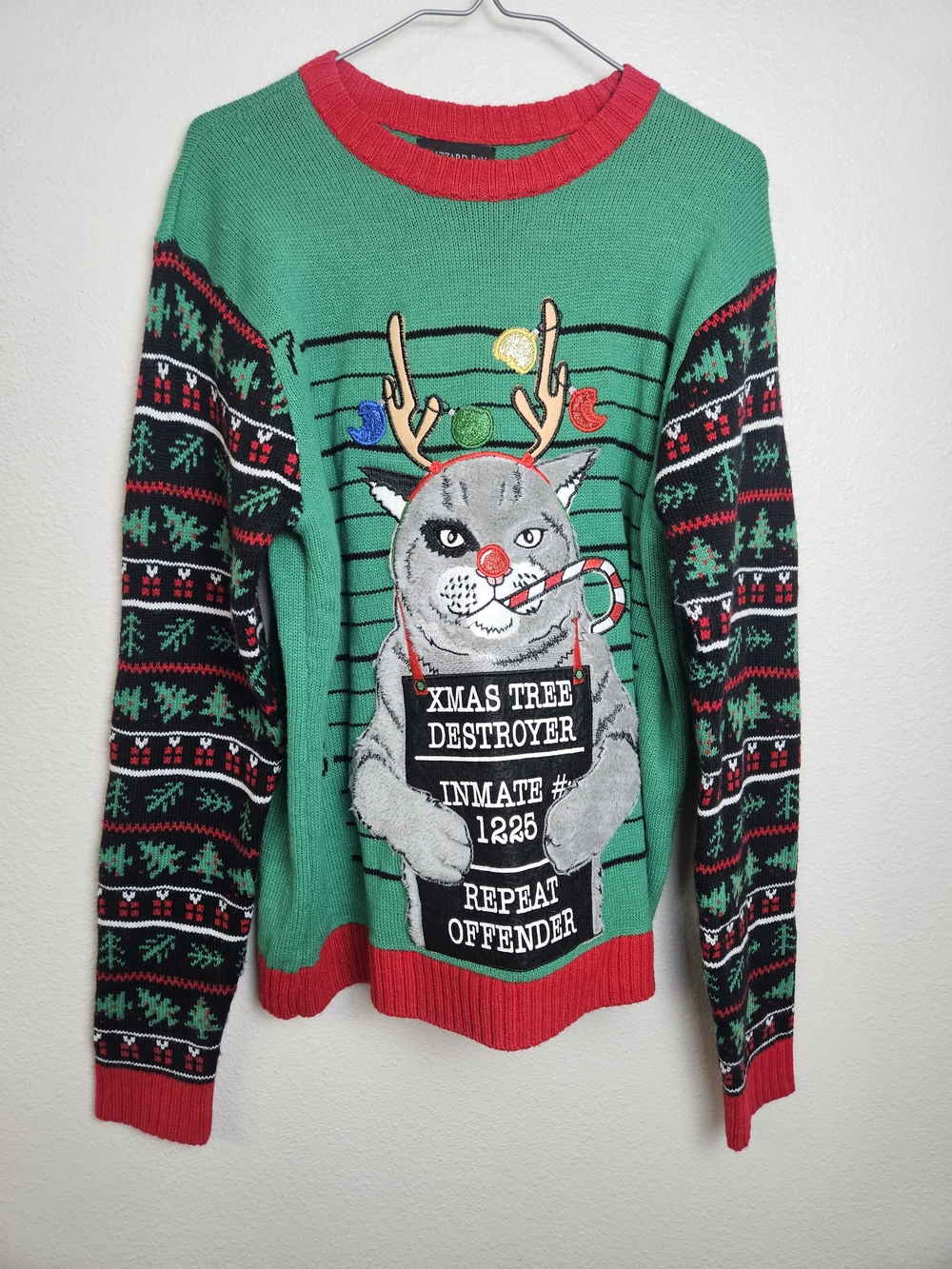 Green Novelty Christmas Crewneck Sweater with Cat Inmate Graphic Size M